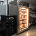 Mutfak servis alanında dry aged dolabı, elektrik panosu ve kesintisiz güç kaynağı