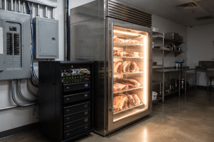 Mutfak servis alanında dry aged dolabı, elektrik panosu ve kesintisiz güç kaynağı