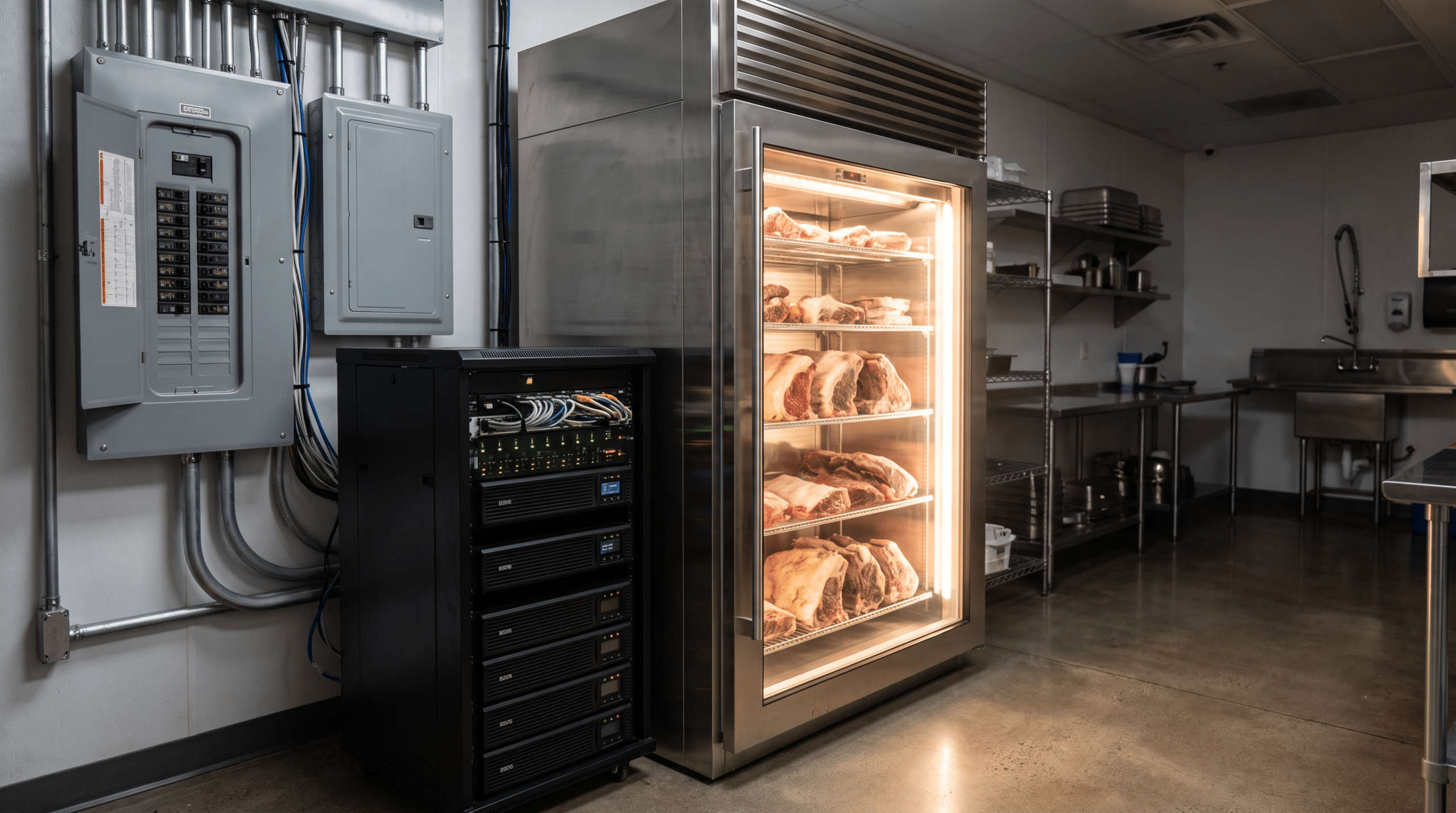 Mutfak servis alanında dry aged dolabı, elektrik panosu ve kesintisiz güç kaynağı