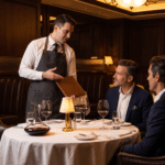 Steakhouse salonunda misafirlere menüyü anlatan servis görevlisi