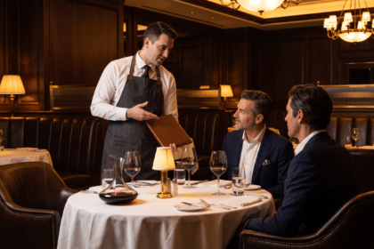 Steakhouse salonunda misafirlere menüyü anlatan servis görevlisi