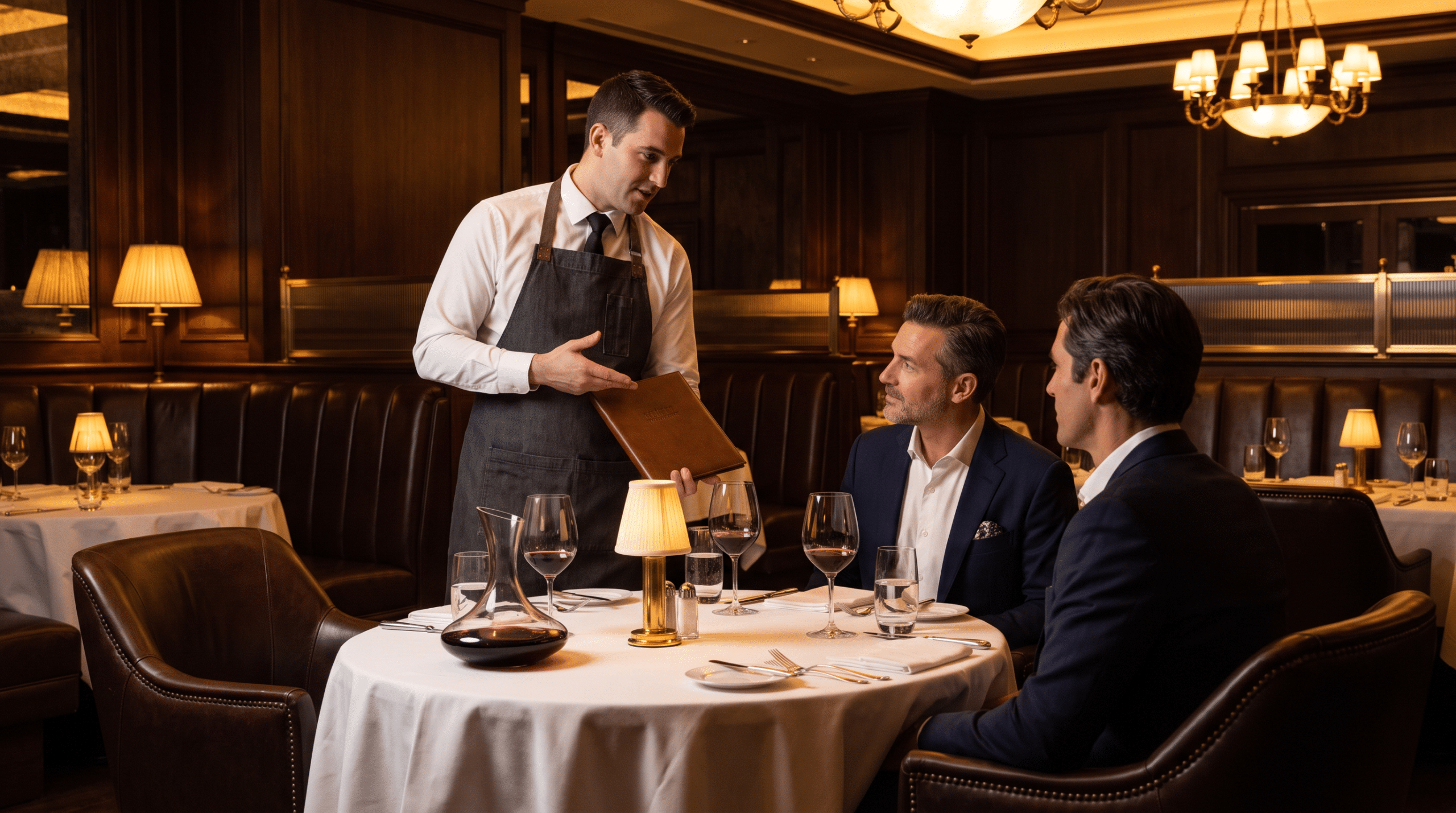 Steakhouse salonunda misafirlere menüyü anlatan servis görevlisi