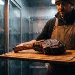 Uzun kemikli dry aged tomahawk bifteğini ahşap tahta üzerinde tutan kasap