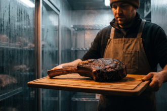 Uzun kemikli dry aged tomahawk bifteğini ahşap tahta üzerinde tutan kasap
