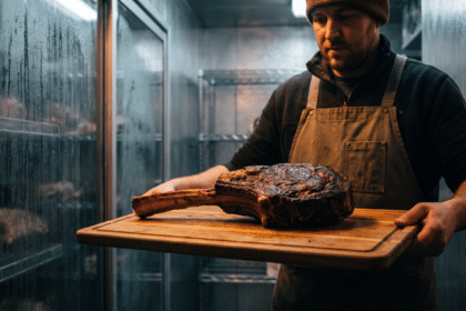 Uzun kemikli dry aged tomahawk bifteğini ahşap tahta üzerinde tutan kasap