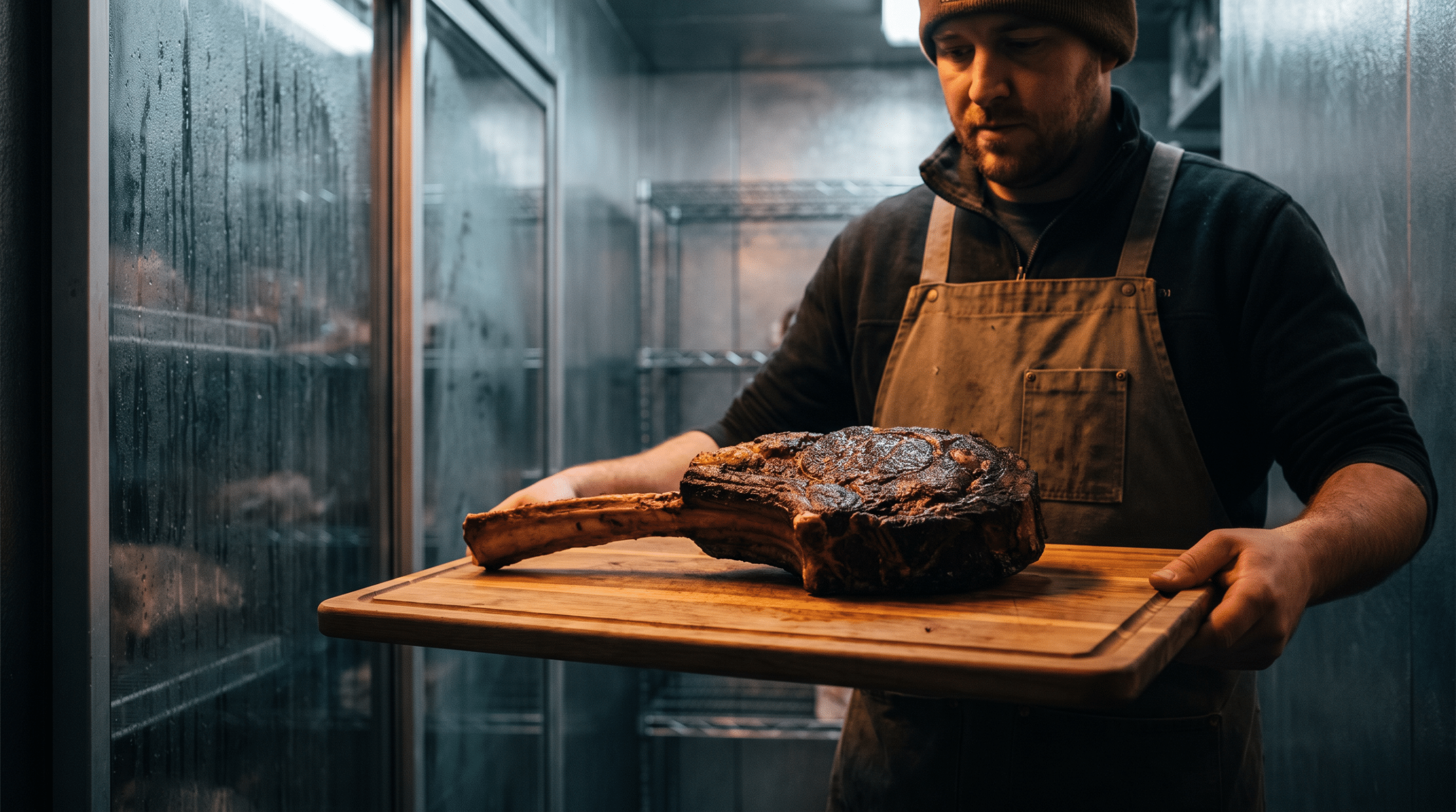 Uzun kemikli dry aged tomahawk bifteğini ahşap tahta üzerinde tutan kasap