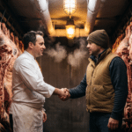 Soğuk odada el sıkışan steakhouse şefi ve et tedarikçisi