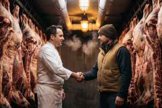 Soğuk odada el sıkışan steakhouse şefi ve et tedarikçisi