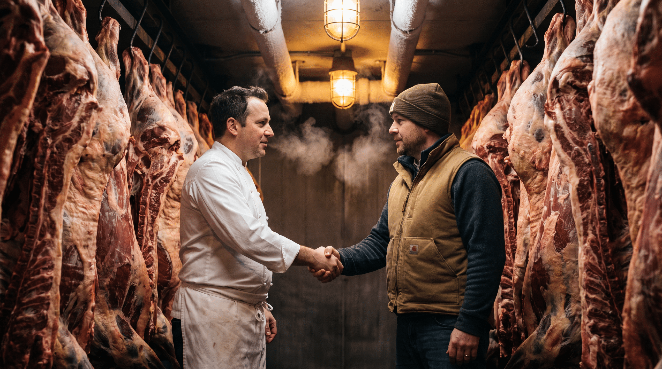 Soğuk odada el sıkışan steakhouse şefi ve et tedarikçisi