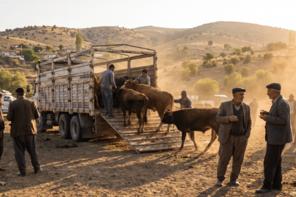 Sabah saatlerinde besilik sığırların kamyona yüklenmesi