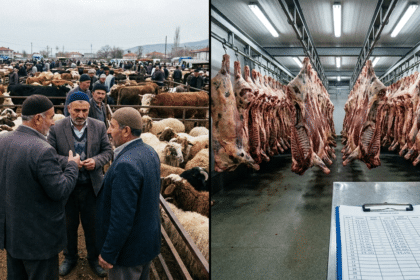 Soğuk hava deposunda raylarda asılı dana karkasları ve fiyat listesi