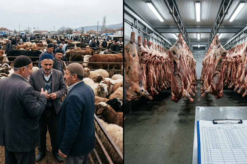 Soğuk hava deposunda raylarda asılı dana karkasları ve fiyat listesi