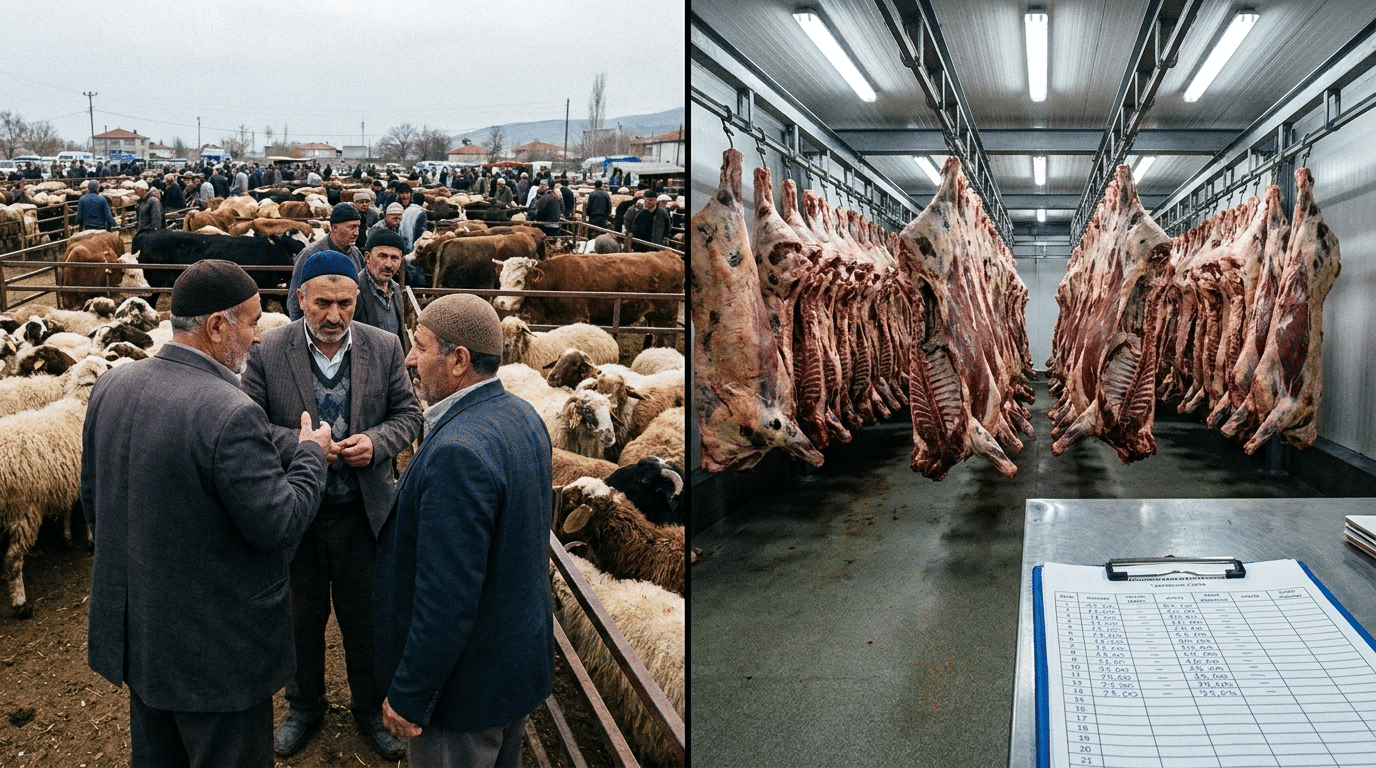 Soğuk hava deposunda raylarda asılı dana karkasları ve fiyat listesi