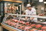 Soğutmalı reyonda kırmızı et düzenleyen kasap ve arka planda cam kapılı dry aged dolabı