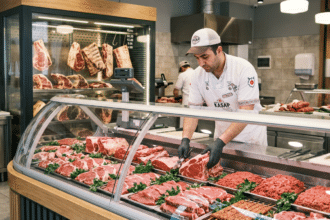 Soğutmalı reyonda kırmızı et düzenleyen kasap ve arka planda cam kapılı dry aged dolabı