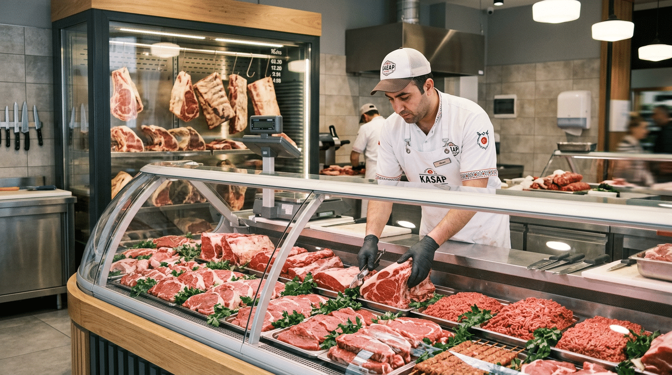 Soğutmalı reyonda kırmızı et düzenleyen kasap ve arka planda cam kapılı dry aged dolabı