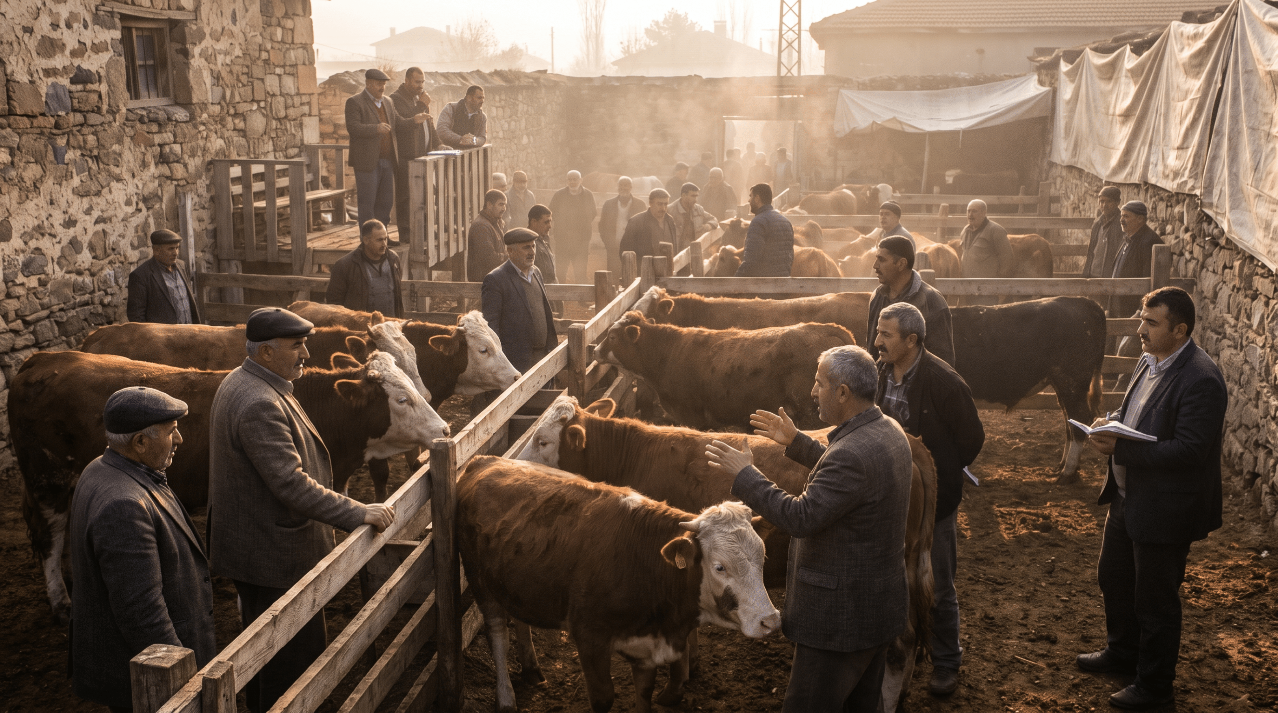 Sabah saatlerinde canlı hayvan pazarında besi sığırlarını inceleyen üreticiler