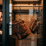 Dry aged dolabında askıda dinlendirilen kuzu karkas ve kuzu pirzola sırtı