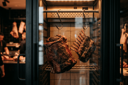 Dry aged dolabında askıda dinlendirilen kuzu karkas ve kuzu pirzola sırtı
