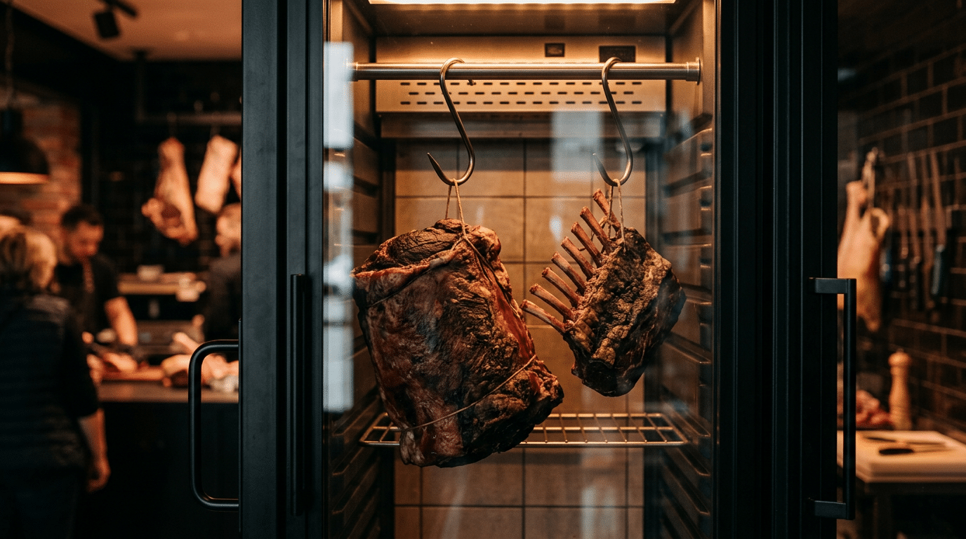 Dry aged dolabında askıda dinlendirilen kuzu karkas ve kuzu pirzola sırtı