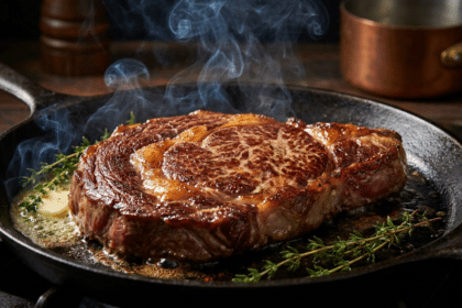 Döküm tavada mühürlenen kalın bifteğin kabuk oluşumu ve Maillard reaksiyonu