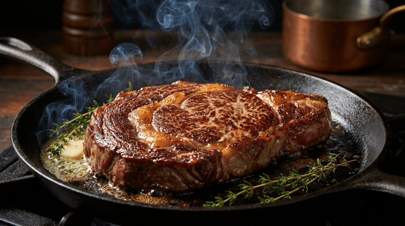 Döküm tavada mühürlenen kalın bifteğin kabuk oluşumu ve Maillard reaksiyonu