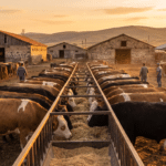 Gün batımında yem yalağı başındaki besi sığırlarıyla bir besi çiftliği