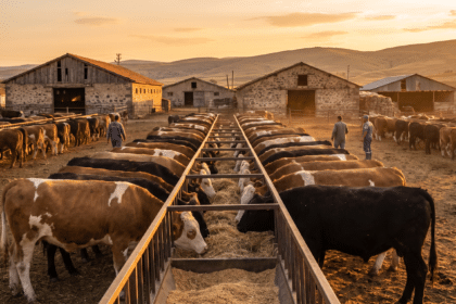 Gün batımında yem yalağı başındaki besi sığırlarıyla bir besi çiftliği