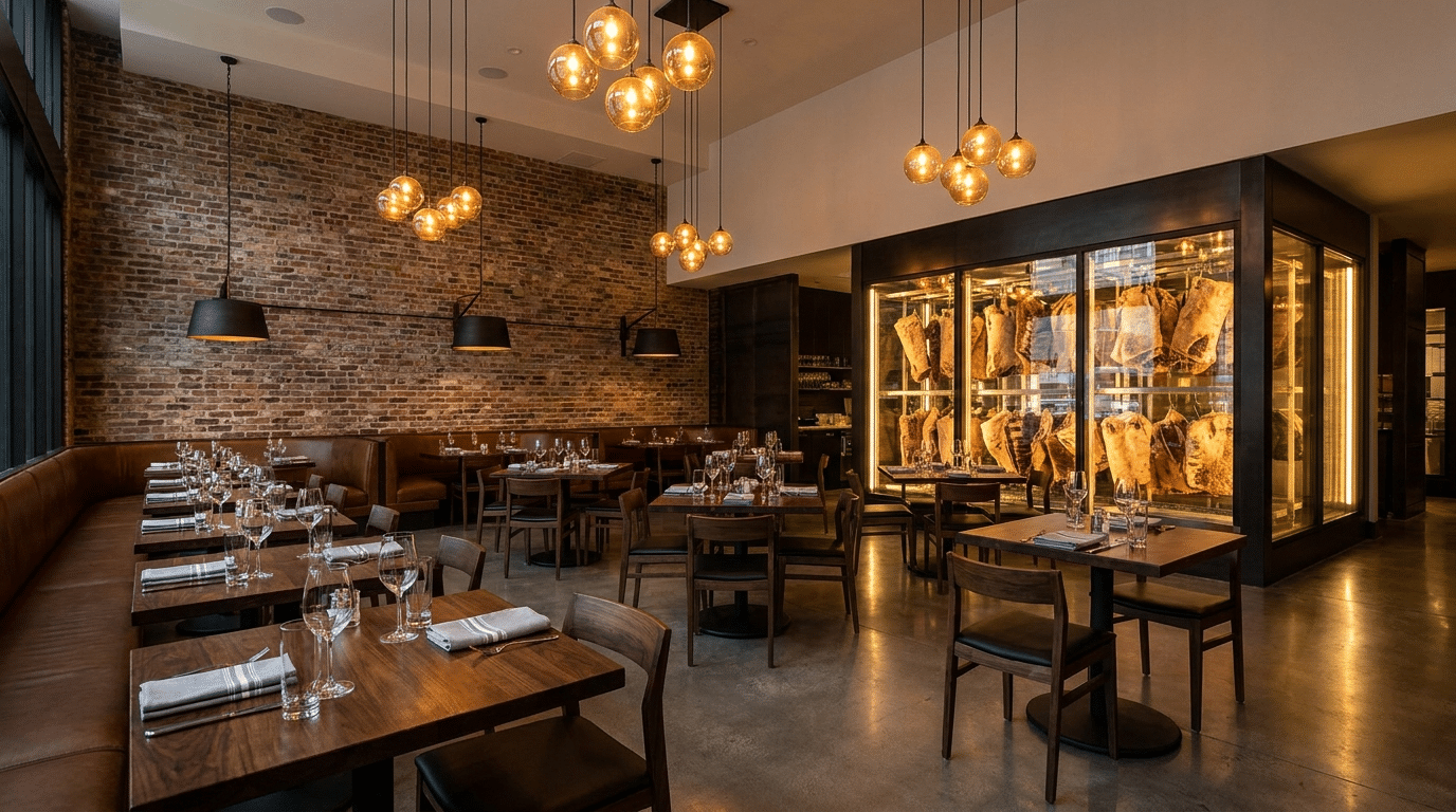 Açılışa hazır modern steakhouse salonu ve arka planda dry aged et dinlendirme vitrini
