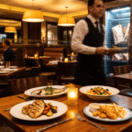 Steakhouse masasında tavuk, balık, vejetaryen ve çocuk porsiyonu alternatif menü tabakları