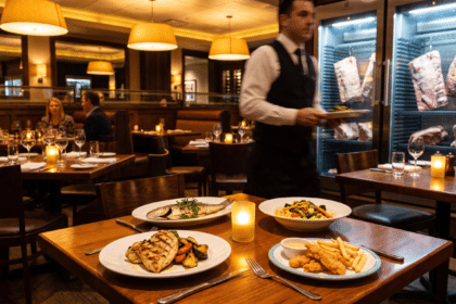 Steakhouse masasında tavuk, balık, vejetaryen ve çocuk porsiyonu alternatif menü tabakları