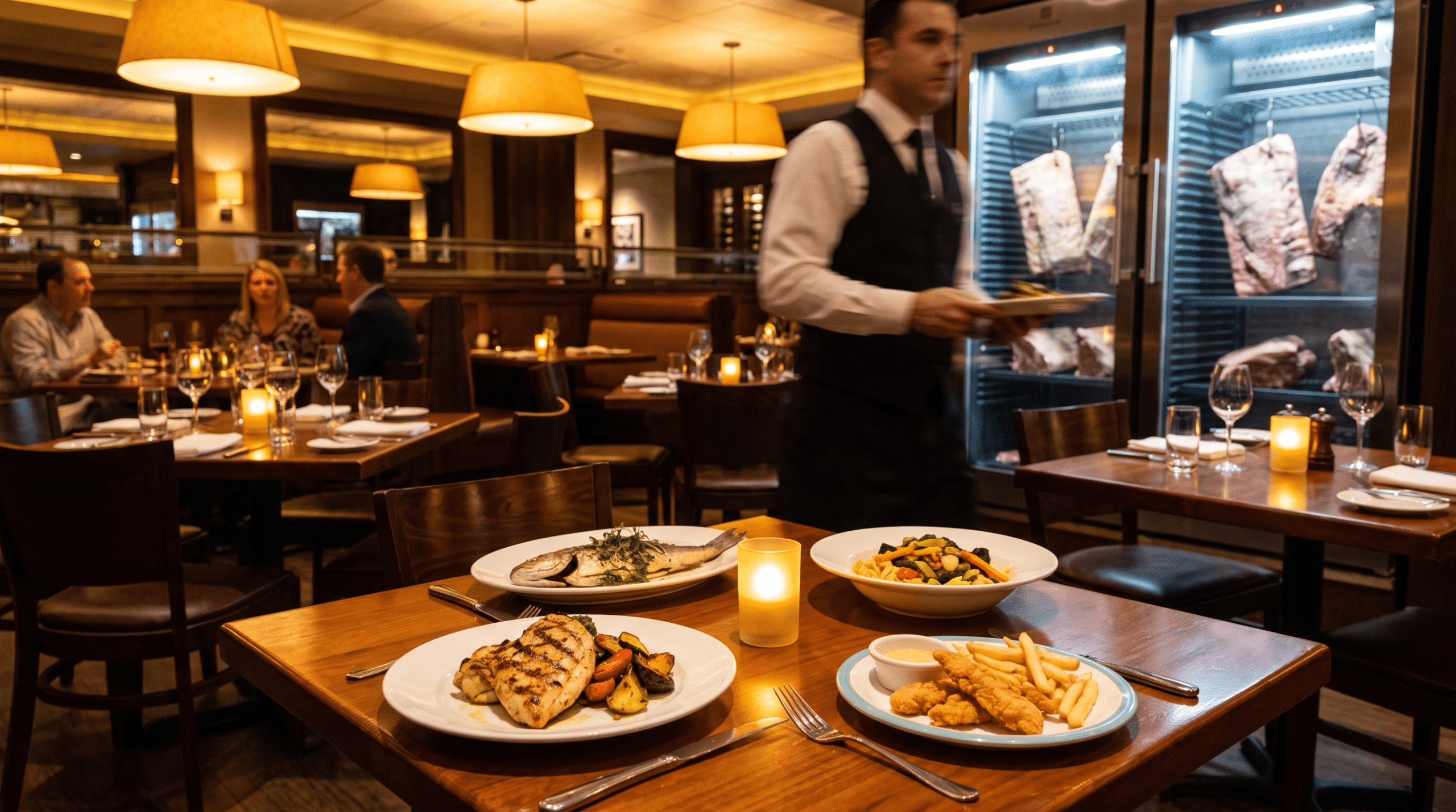 Steakhouse masasında tavuk, balık, vejetaryen ve çocuk porsiyonu alternatif menü tabakları