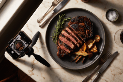 Koyu seramik tabakta dilimlenmiş dry aged antrikot, garnitür yerleşimi ve tabağı çeken telefon