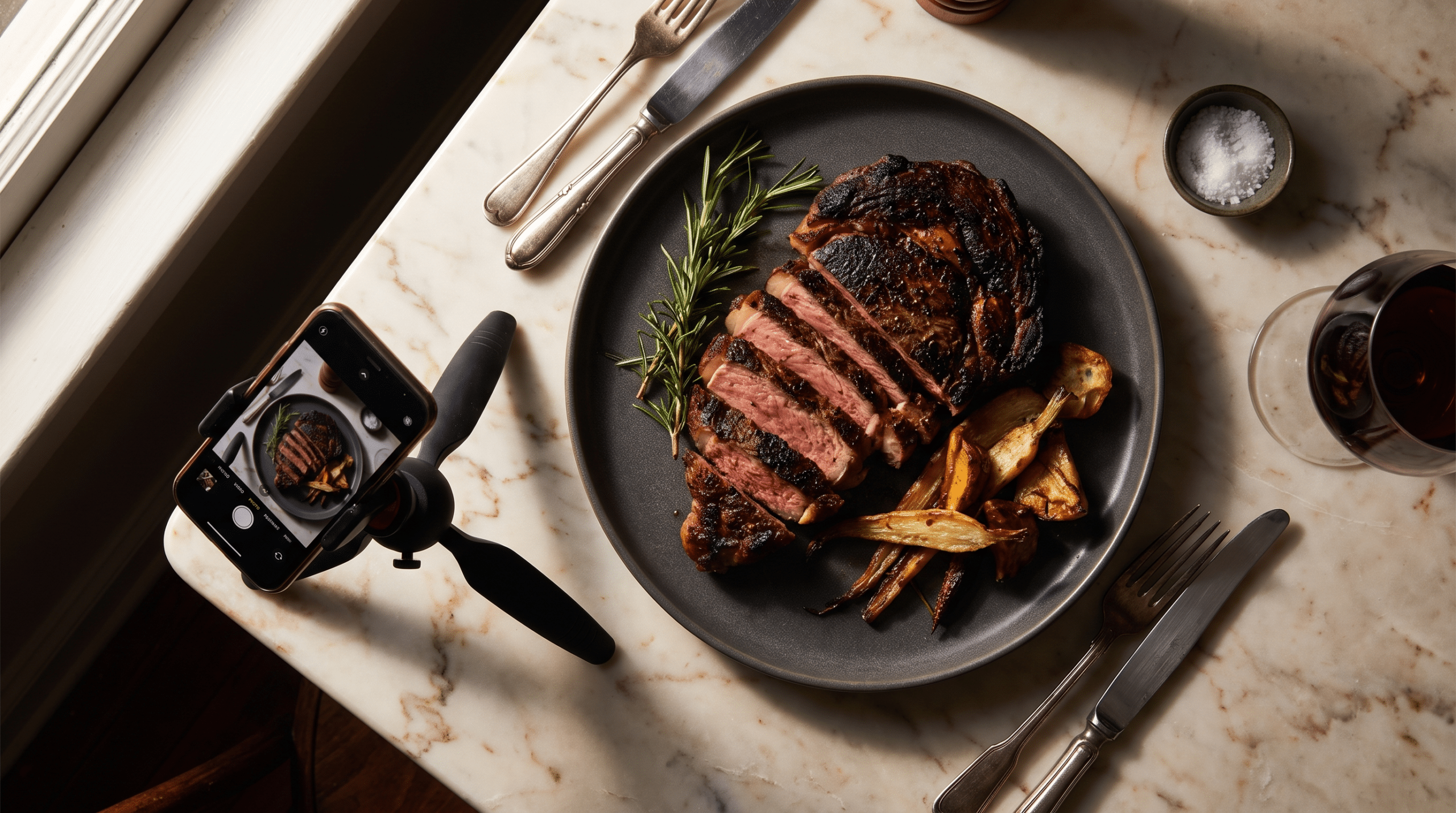 Koyu seramik tabakta dilimlenmiş dry aged antrikot, garnitür yerleşimi ve tabağı çeken telefon