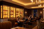 Lüks steakhouse salonunda aydınlatmalı camlı dry aged vitrini