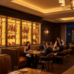 Lüks steakhouse salonunda aydınlatmalı camlı dry aged vitrini