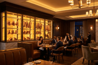 Lüks steakhouse salonunda aydınlatmalı camlı dry aged vitrini