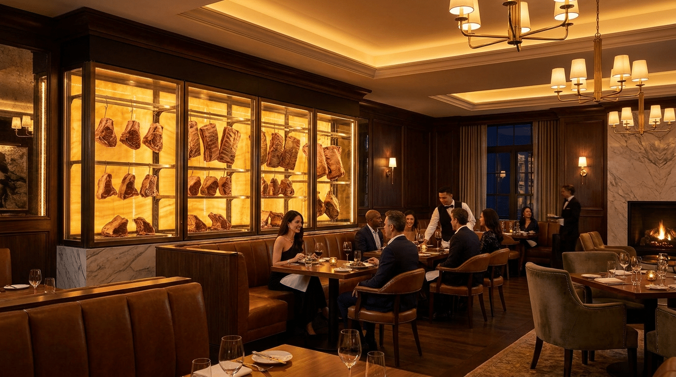 Lüks steakhouse salonunda aydınlatmalı camlı dry aged vitrini