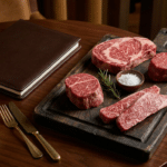 Steakhouse masasında farklı et kesimleri ve menü klasörü