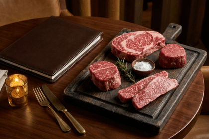 Steakhouse masasında farklı et kesimleri ve menü klasörü