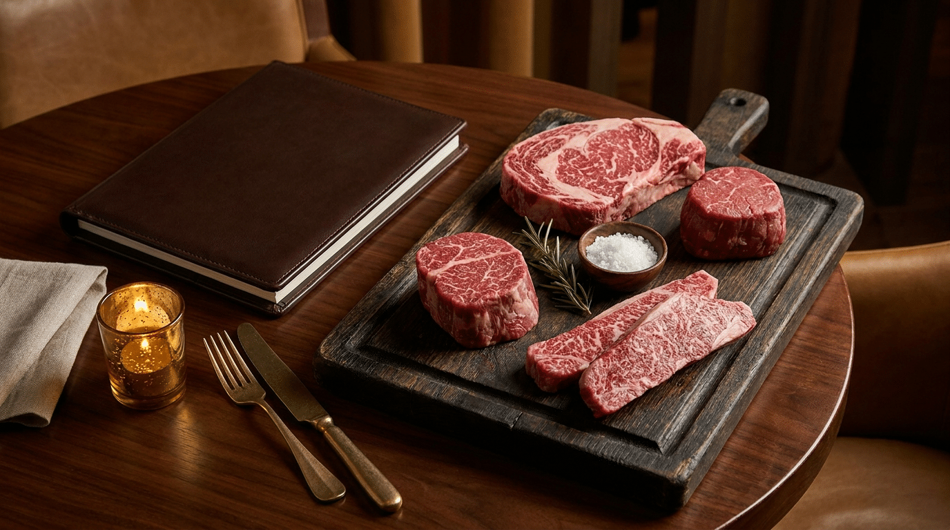 Steakhouse masasında farklı et kesimleri ve menü klasörü