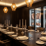 Steakhouse özel salonunda kurumsal grup için hazırlanmış uzun masa ve arka planda dry aged dolabı