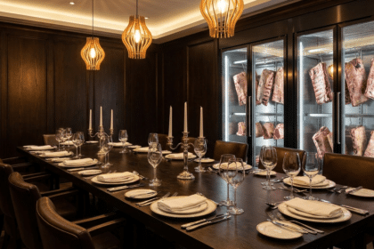 Steakhouse özel salonunda kurumsal grup için hazırlanmış uzun masa ve arka planda dry aged dolabı