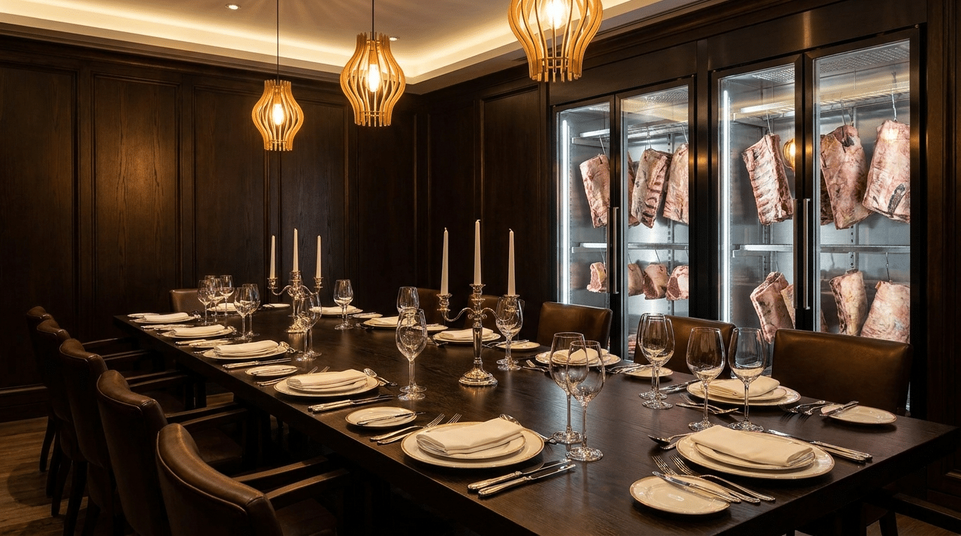 Steakhouse özel salonunda kurumsal grup için hazırlanmış uzun masa ve arka planda dry aged dolabı
