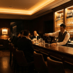 Steakhouse barında şarap servisi ve arka planda şişe rafları
