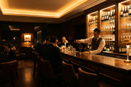 Steakhouse barında şarap servisi ve arka planda şişe rafları