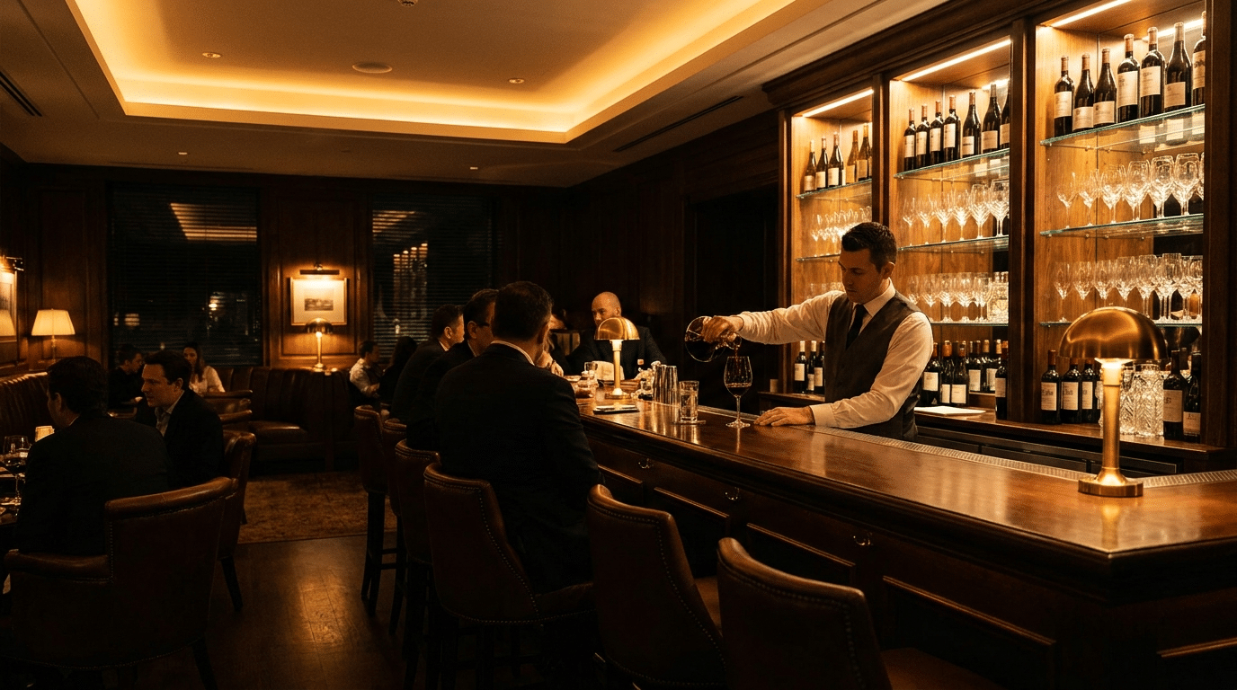 Steakhouse barında şarap servisi ve arka planda şişe rafları