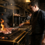 Steakhouse mutfağında kömür ateşinde pişirilen kalın dry aged biftek
