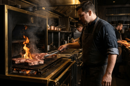 Steakhouse mutfağında kömür ateşinde pişirilen kalın dry aged biftek