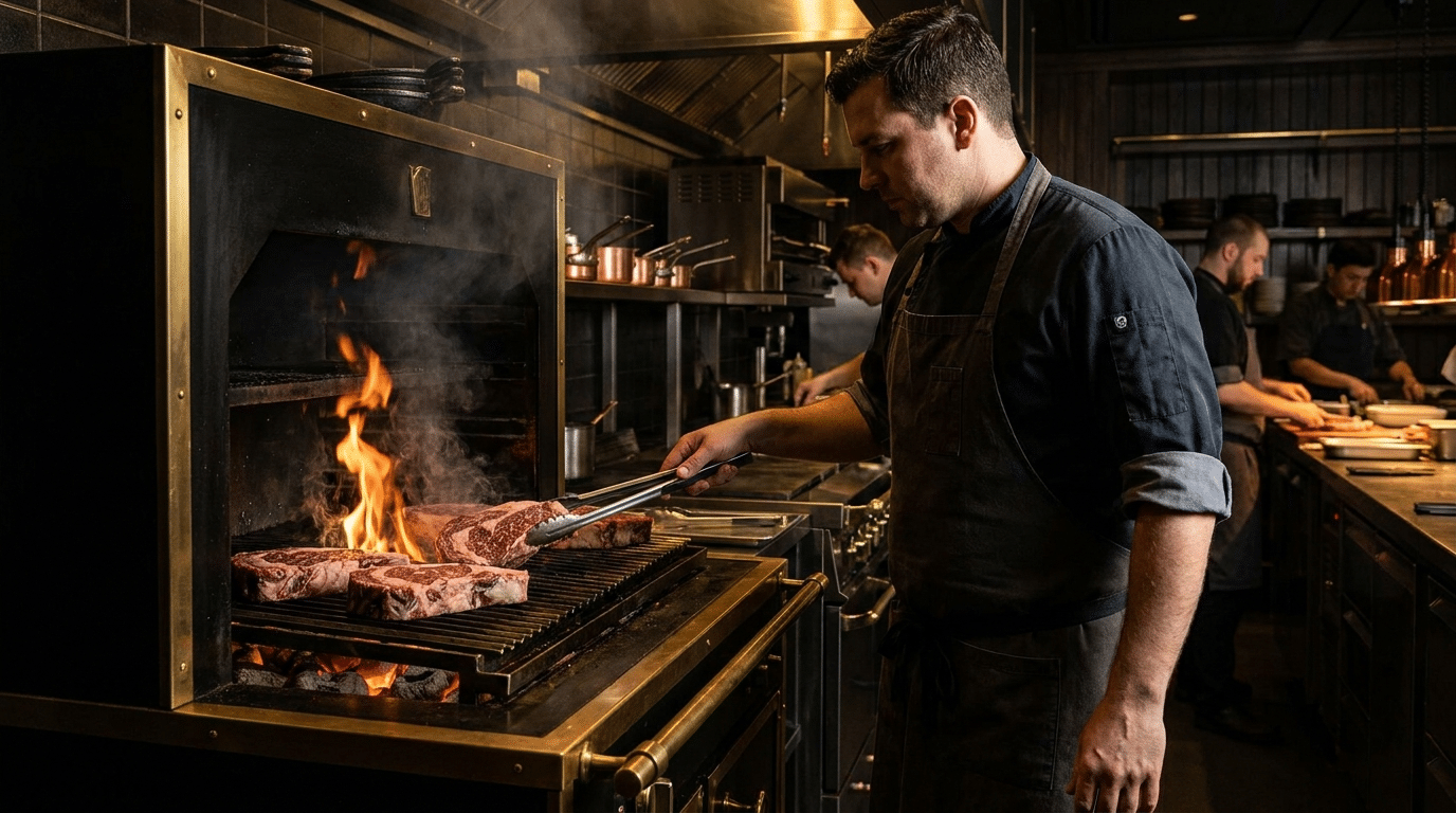Steakhouse mutfağında kömür ateşinde pişirilen kalın dry aged biftek